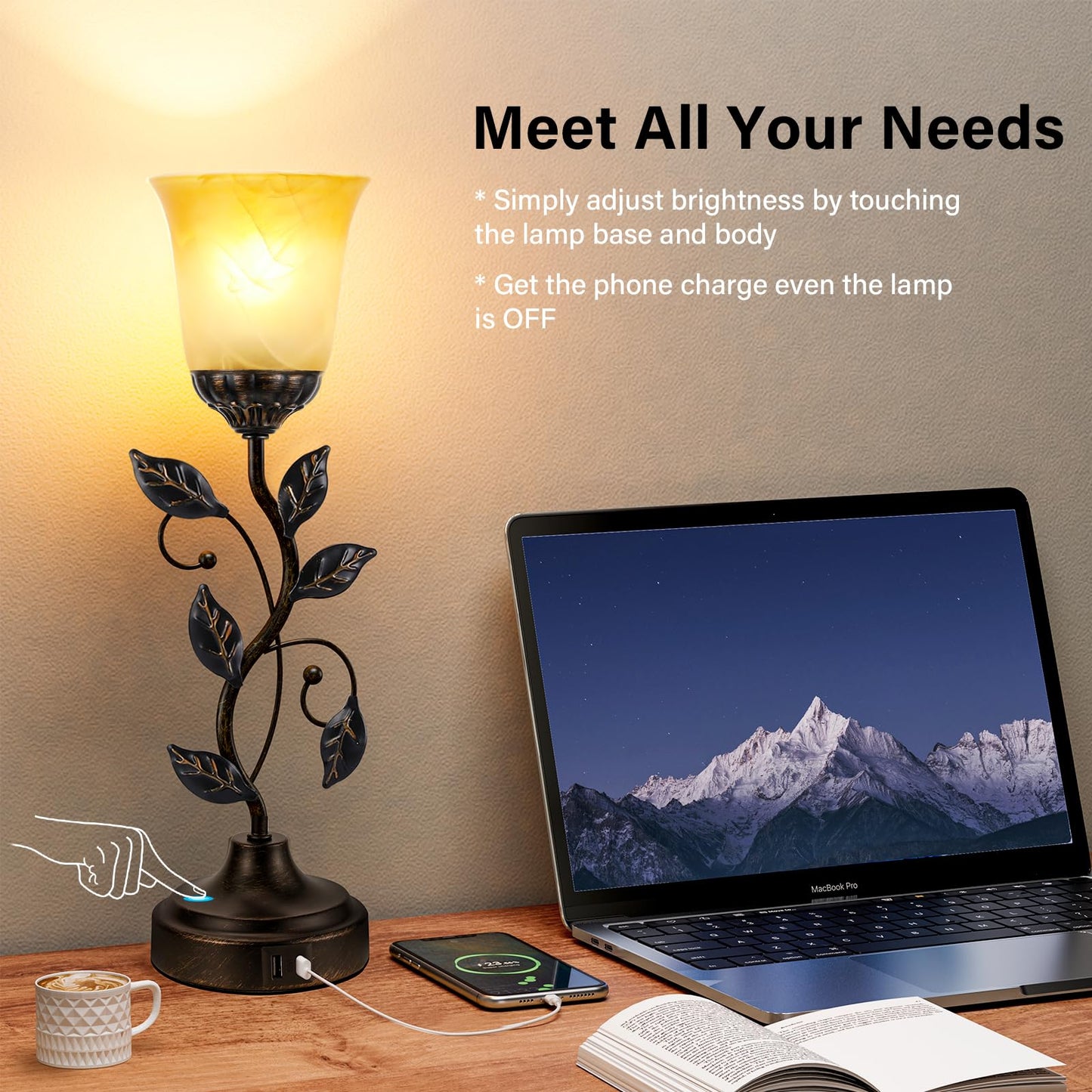 Kakanuo Touch Table Lamp Bedside Lamp Nightst Lamp USB Charging Ports for Living Room 3 Way Dimmable Traditional Leaf Lamp Retro Table Lamp for Bedroom Amber Glass Lampshade LED Bulb Included)