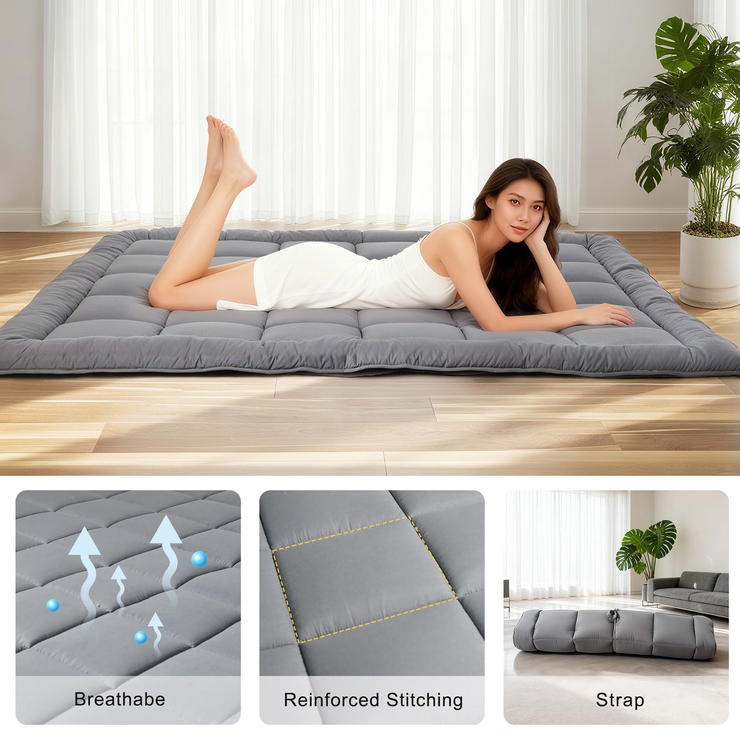 ALPSWAN Japanese Floor Mattress Futon, Thick 5-Layer Roll Up Foldable Mattress, Comfortable Foam Tatami Mat Sleeping Pad (Gray, Queen)
