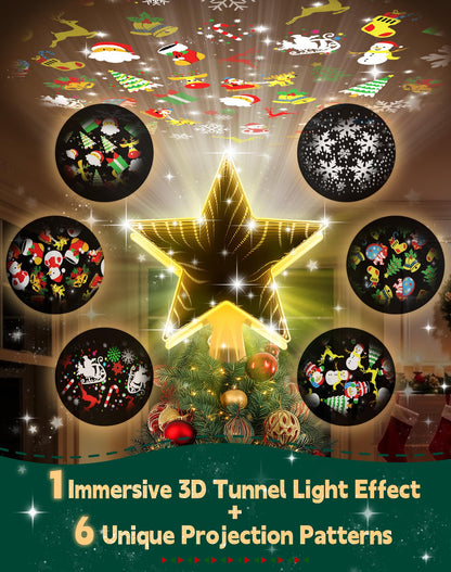 Christmas Tree Topper with 6 Projection Modes, Christmas Star Tree Topper with Built-in Rotating Projector, 104 LED Warm Lights 3D Tunnel Dynamic Lighting Effect Christmas Tree Decoration