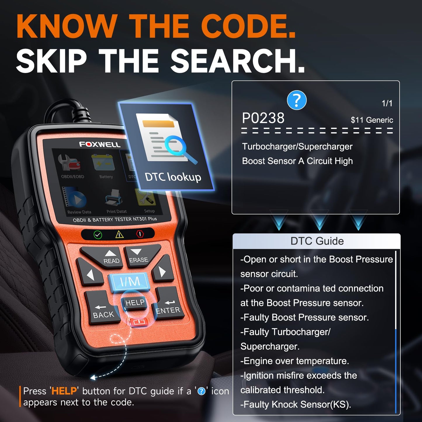 FOXWELL NT301 Plus 2-in-1 OBD2 Scanner Battery Tester, Professional Check Engine Code Reader Car Diagnostic Tool, Live Data, 12V 100-1100CCA Cranking Charging Analyzer for 1996 or Newer Vehicle