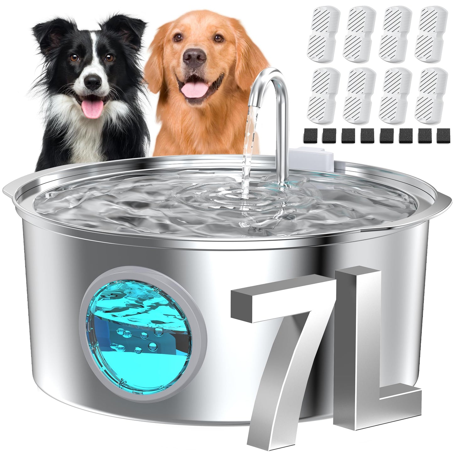 Dog Water Fountain for Large Dogs: Big Cat Water Fountain Stainless Steel -1.8Gal/7L Big Quiet Cats Water Bowl Dispenser- Pet Water Fountains for Dogs - 8 Filters + 8 Sponge Filters - GROOKPET