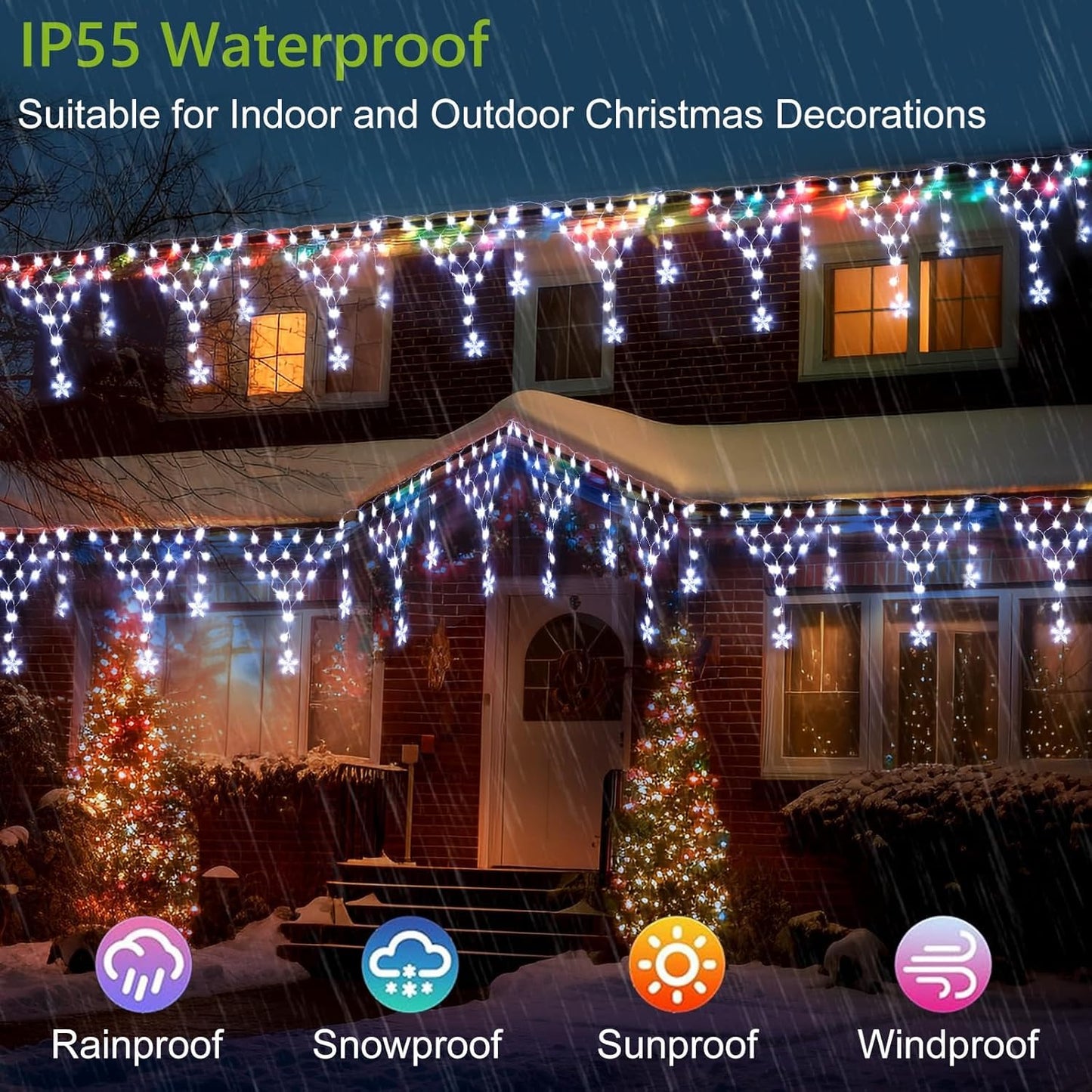 MUYUN Outdoor Christmas Decorations Lights 13.8ft 200 LED Christmas Lights with 12 Stars,Dimmable Curtain Fairy Light with 8 Modes for Wedding Party Holiday Christmas Decor(White)
