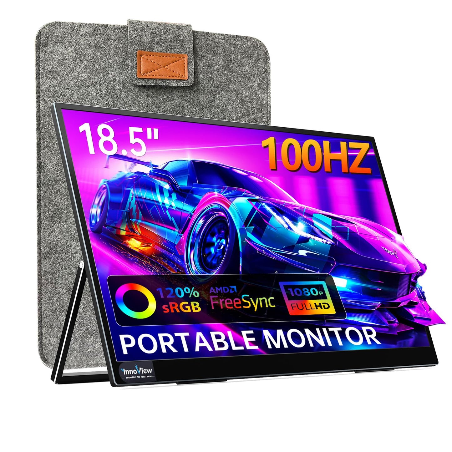 InnoView Portable Monitor 18.5 inch 100HZ 120% sRGB, 1080P FHD IPS Large Portable Monitors for Laptop USB C HDMI HDR Travel Monitor with Kickstand Mac PC Xbox PS4/5 Switch