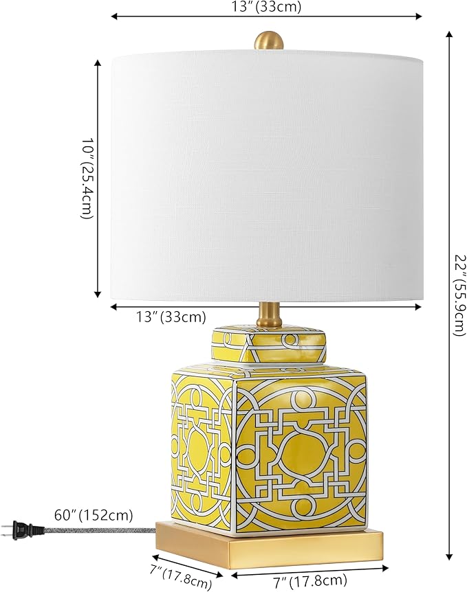 JONATHAN Y JYL3044C Catherine 22" Modern Transitional Ceramic/Metal Square Ginger Jar LED Table Lamp, Yellow/White for Bedroom, Living Room, Office, College