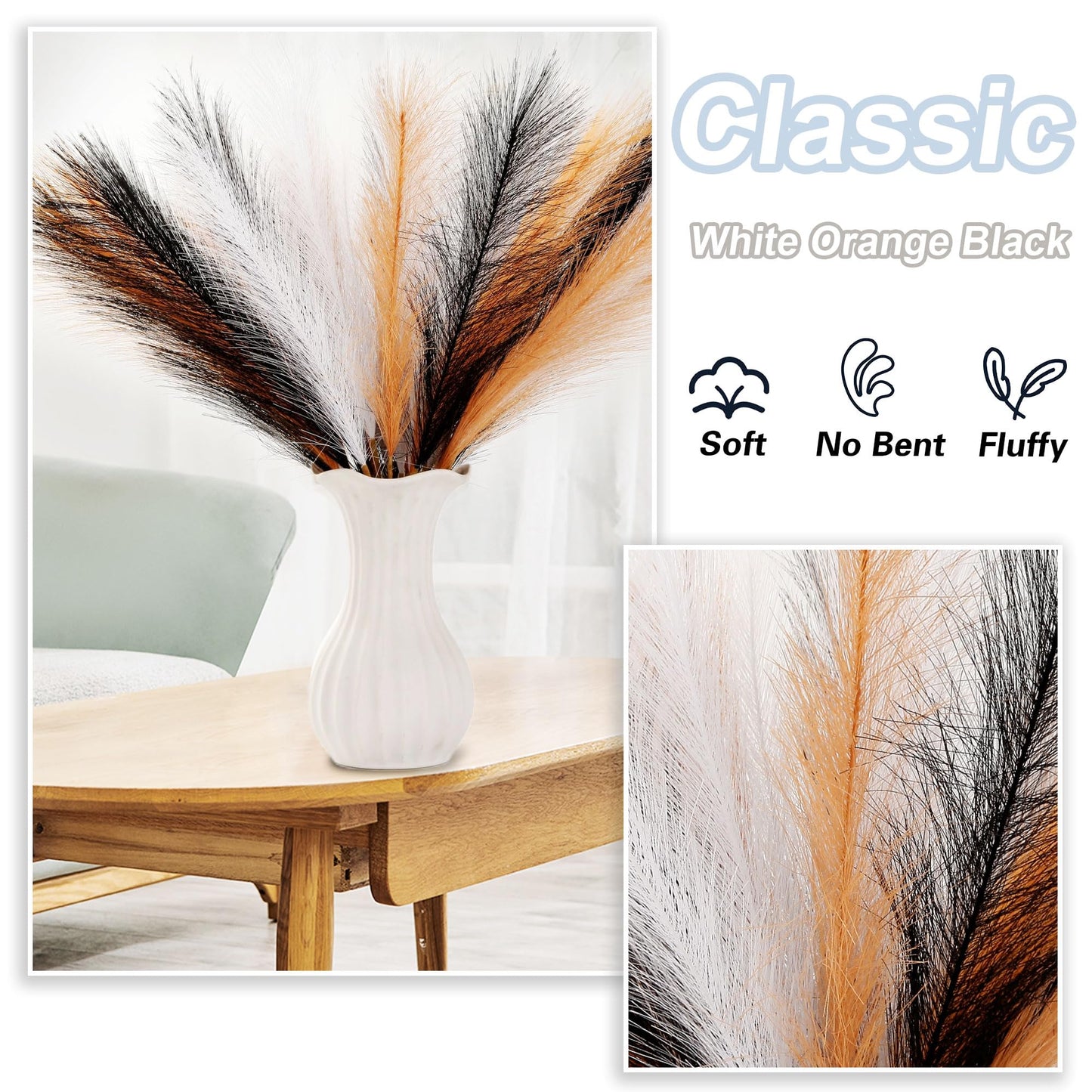 Acfruits Pampas Grass Small, Black&White&Orange 30 Pcs 17" Faux Pampas Grass Short Decor, Pompas Grass Flower Arrangement and Vase Filler for Halloween Decoration