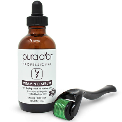 PURA D'OR 25% Vitamin C Serum 4 Oz + 0.25mm Derma Roller Set - Hyaluronic Acid & Retinol Microdermabrasion Skin Care Cosmetic Kit For Face & Eyes, Dark Spots - For Men & Women