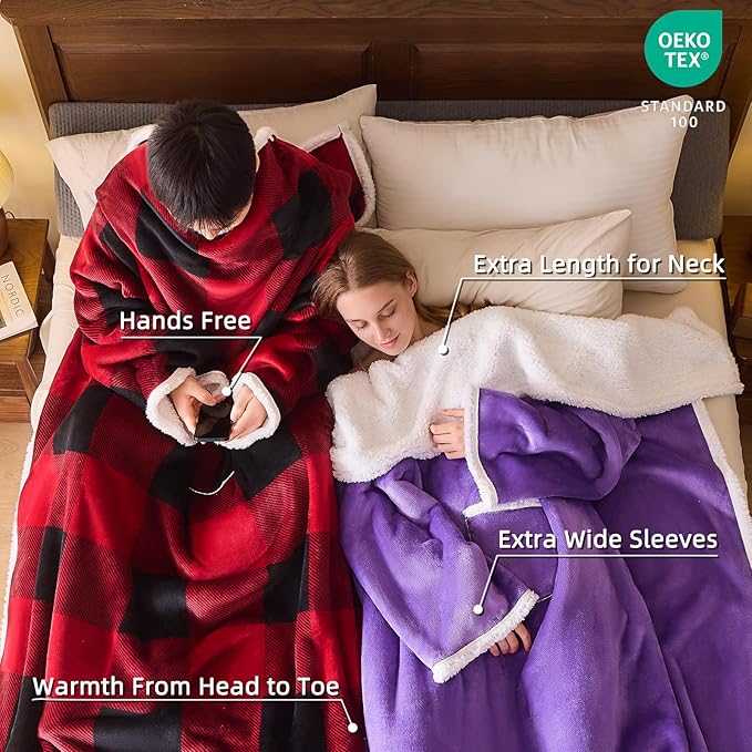 IFNOW Sherpa Wearable Blanket with Sleeves for Women Men Adults, Cozy Wearable Blanket with Arm and Pocket, Warm Full Body TV Wrap Throw blanket, Soft Robe Blanket as Gifts for Mom Wife, Plaid