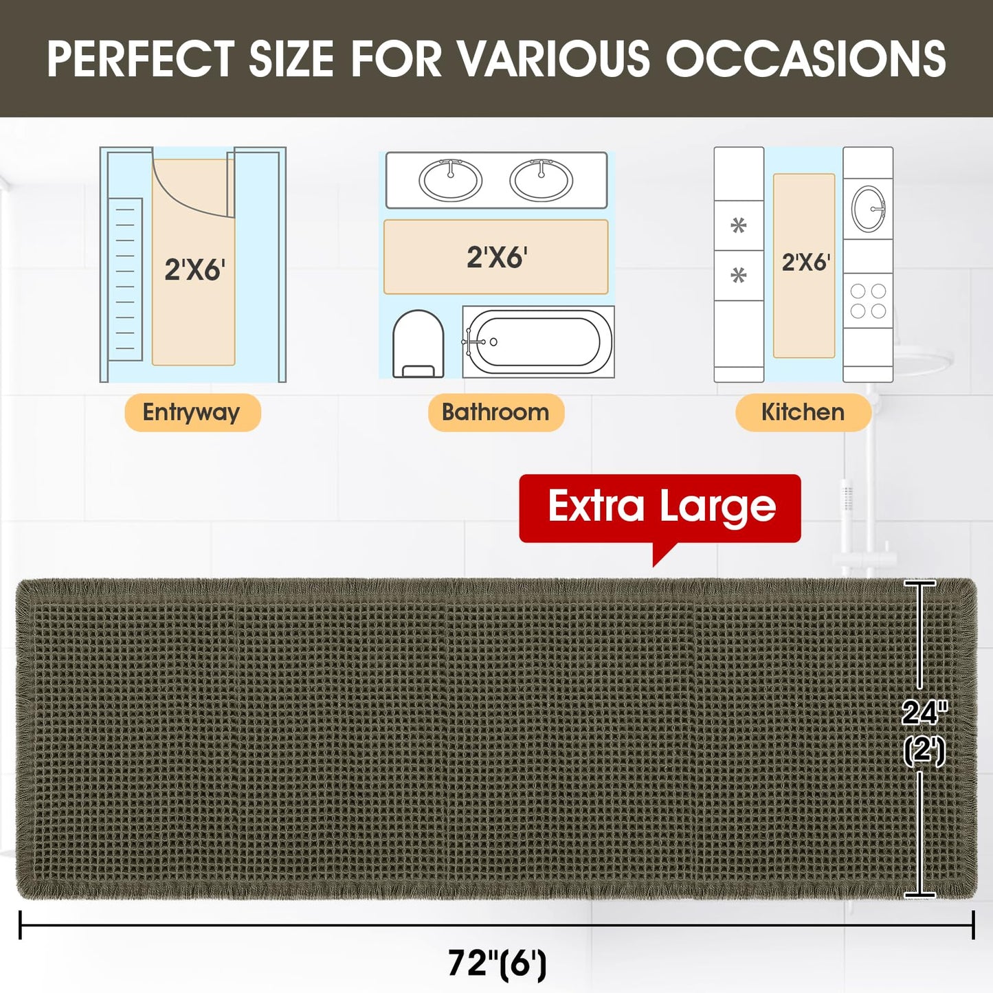 Extra Large Waffle Bath Mat, 6'x2' Greyish Green, Super Absorbent Non-Slip Quick Dry Bathroom Rugs with Tassels, Machine Washable Ultra Soft Boho Bath Rugs for Floor, Toilet Mats Boho Farmhouse Decor