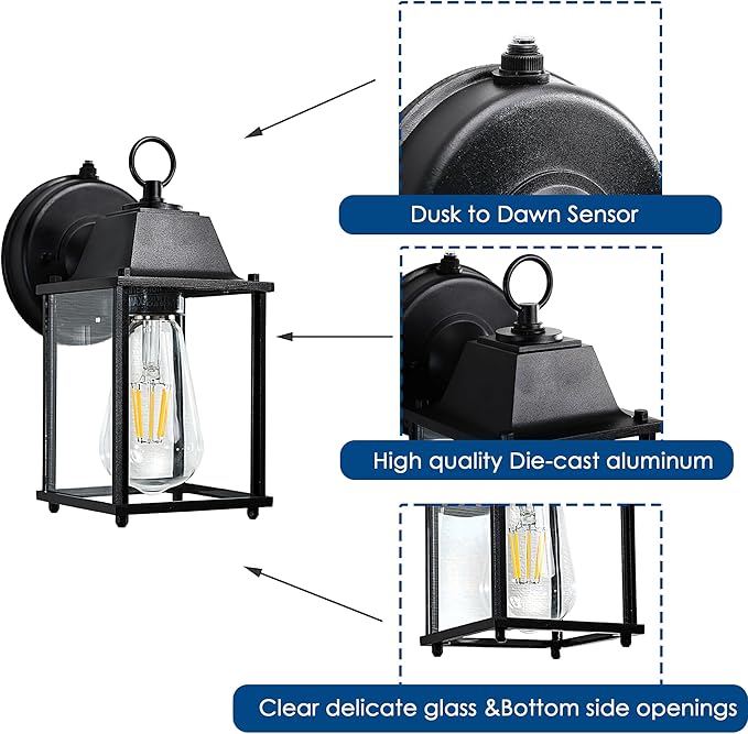 Dusk to Dawn Outdoor Wall Lights 2-Pack, Black Exterior Light Fixtures with Clear Glass, Waterproof Modern Porch Sconce Lanterns for Garage, Patio, Front Door, House (E26 Bulb Not Included)