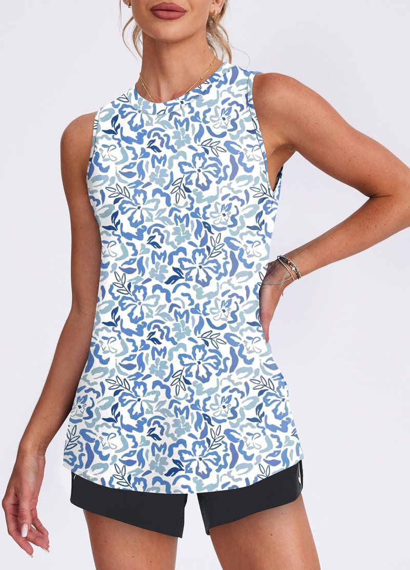 Womens Workout Tops Tank Tops Yoga Shirts Athletic Running Sleeveless Gym Clothes High Neck Athletic Running Shirts Blue Print S
