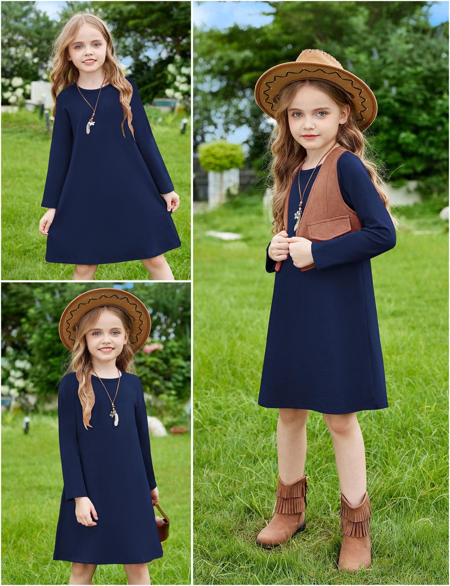 Arshiner Girls Dress Kids Long Sleeve Solid Color Casual T-Shirt Dress Navy Blue Tween 10-11 Years