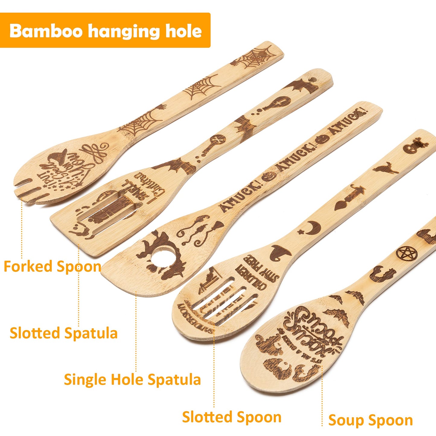 Eartim Hocus Pocus Wooden Cooking Utensil Set - 5Pcs Halloween Kitchen Cooking Gadget Natural Carve Bamboo Spoon Slotted Spatula Non-Stick Cookware Utensil Birthday Housewarming Gift Halloween Supply