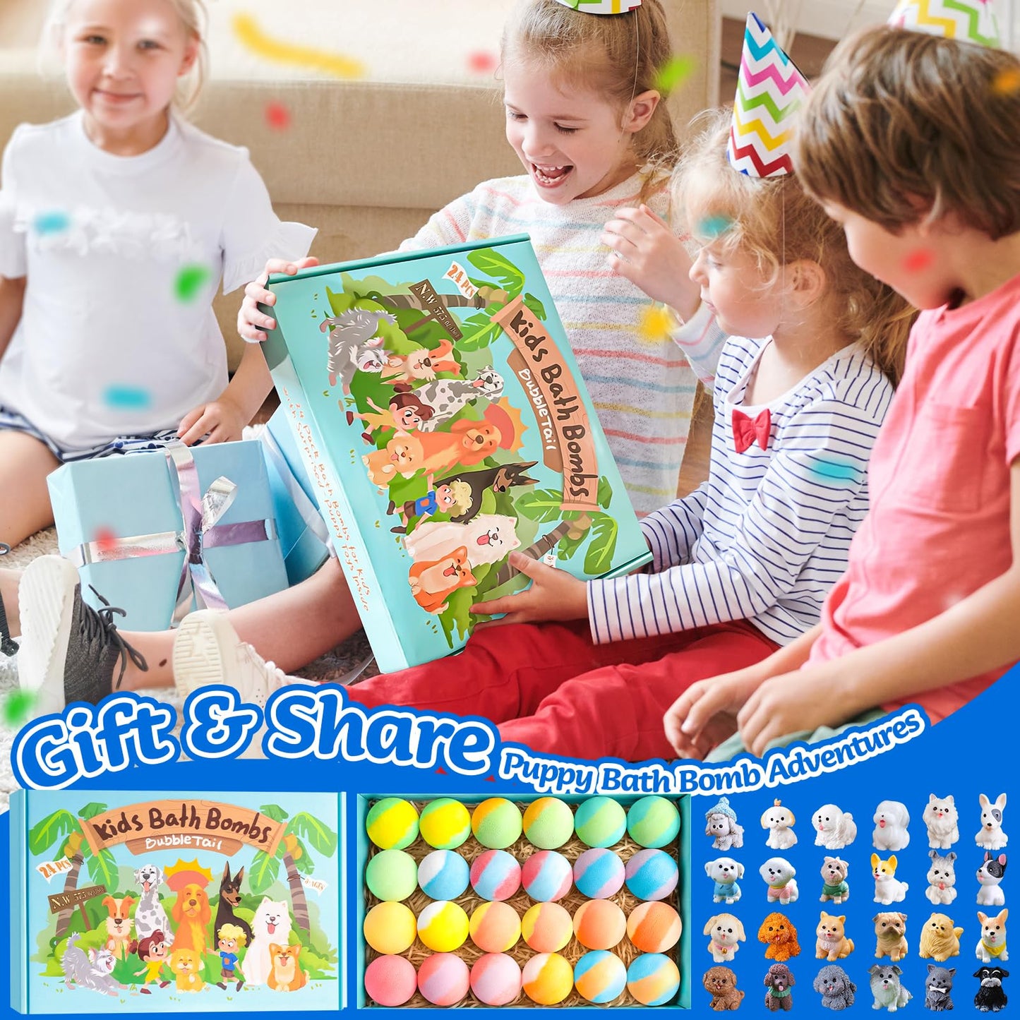 BubbleTail 24 Pack Puppy Bath Bombs for Kids - Each with Surprise Dog Figurine Inside, 12 Scents, Bath Bombs with Toys, Skin-Friendly, Birthday Party Favors & Stocking Stuffers for Boys & Girls