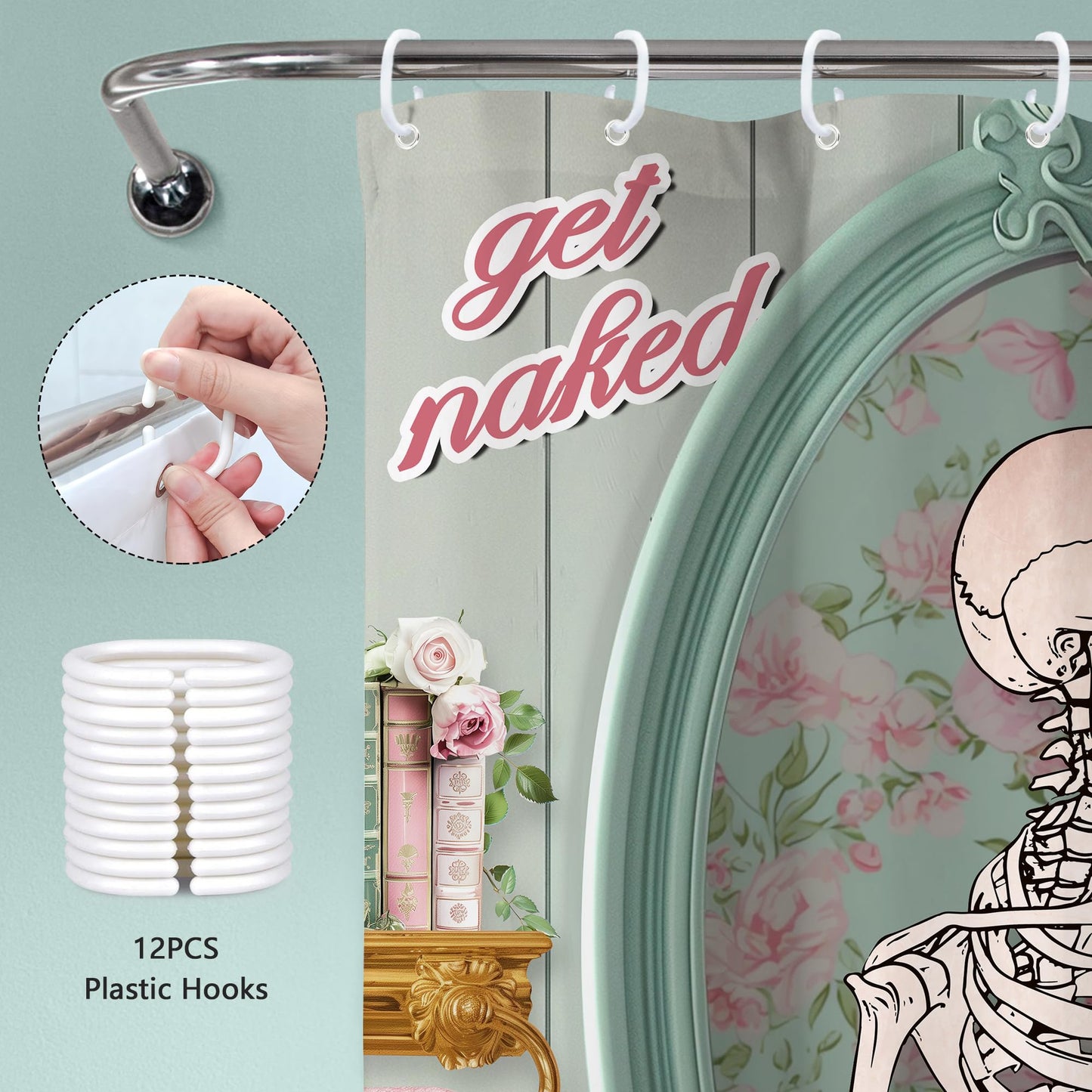 Mitpok Funny Skull Skeleton Shower Curtain 60Wx72H Cute Cat Retro Kitten Animal Gothic Fun Floral Fashion Bathroom Decor Halloween Unique Cool Horror Scary Bath Curtain Fabric Polyester 12 Pack Hooks