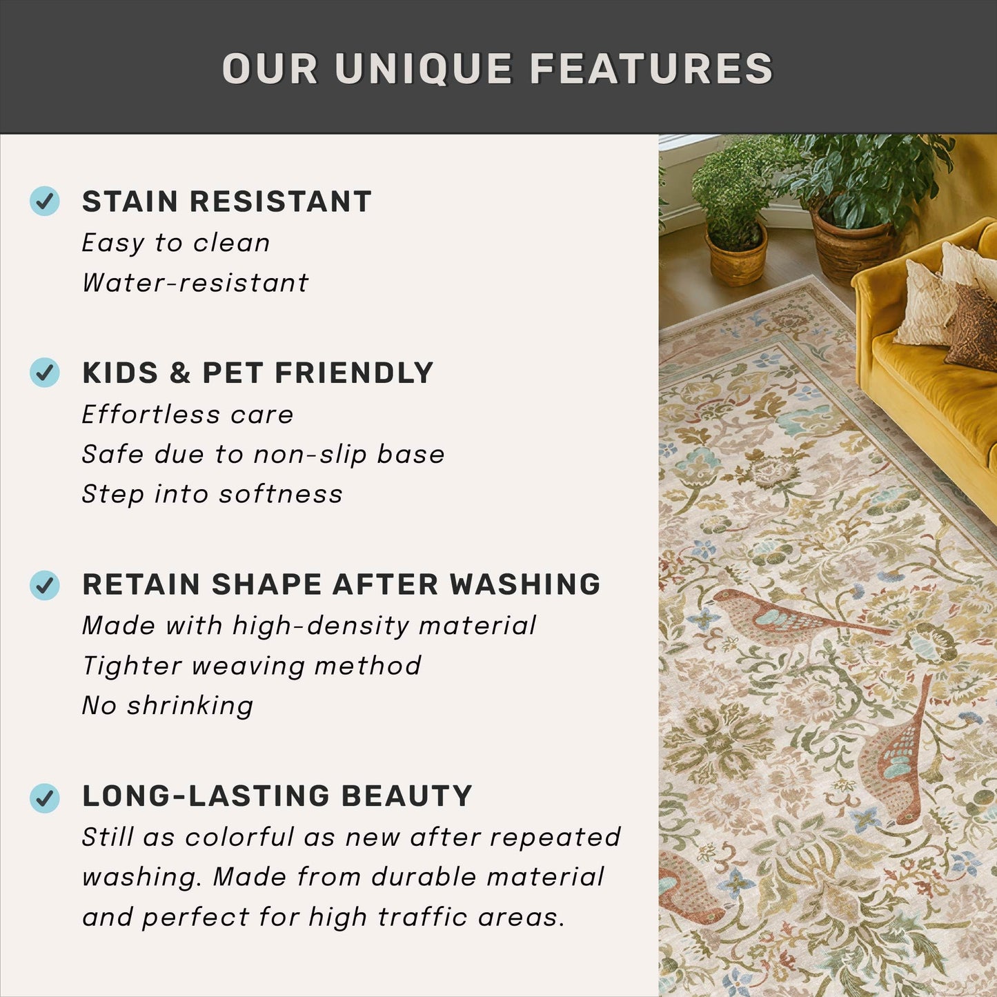 Beige Boho Bathroom Rugs 2x3 Washable Non Slip - Soft Low Pile Small Throw Rug for Entryway, Kitchen, Powder Room - Unique Farmhouse Bird & Pattern Botanical Decorative Door Mats