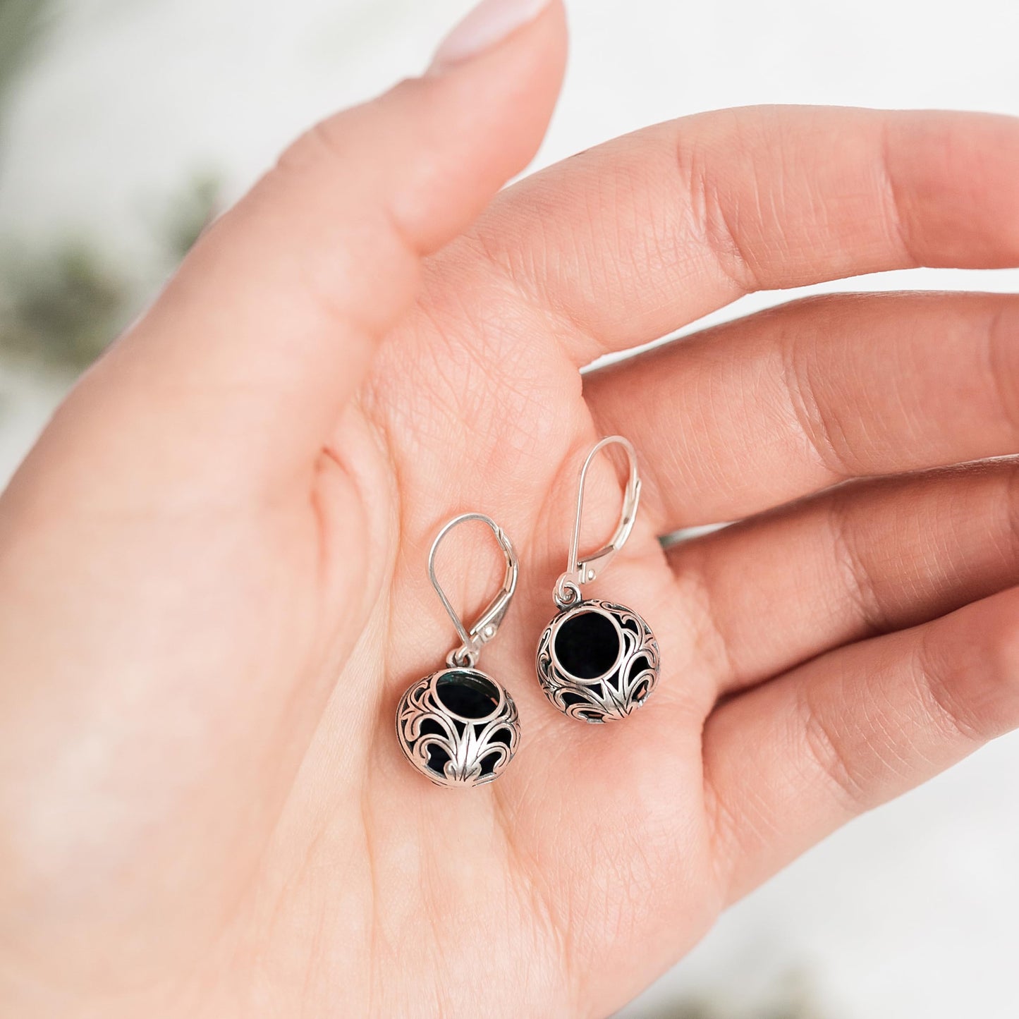 Bottled Up Designs Handmade Vintage Lace Leverback Earrings, Sterling Silver, Eco Friendly, Made in USA, Birthday Gifts, Mothers Day, Women, Anniversary (Black Depression Glass)