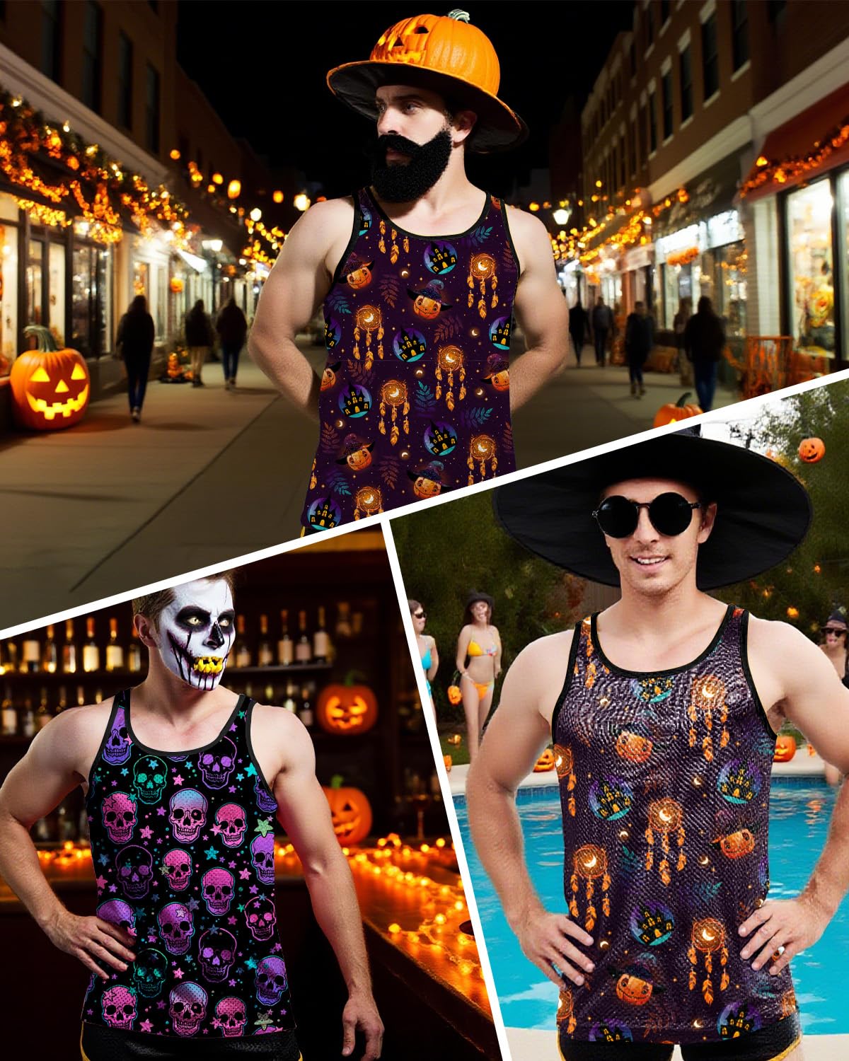 AIMPACT Mens Mesh Halloween Print Tank Tops Sleeveless Quick Dry Muscle Tank Tops Mens Shirts for Workout Gym Jogging (Pumpkin L)