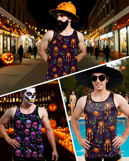 AIMPACT Mens Mesh Halloween Print Tank Tops Sleeveless Quick Dry Muscle Tank Tops Mens Shirts for Workout Gym Jogging (Pumpkin L)