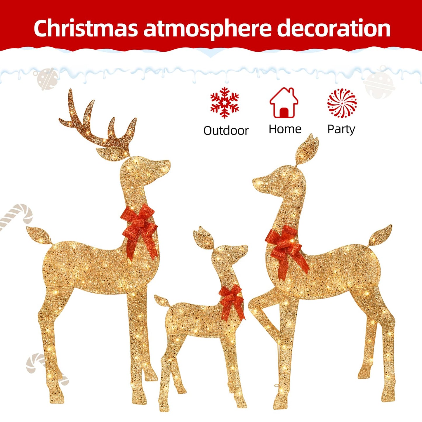 HOYECHI 5 FT Oversized Christmas Decorations Outdoor Lighted Reindeer – 3-Piece 2D Deer Family Set with 160 Warm White LED Lights for Yard, Lawn, Garden & Porch Holiday Display - Gold