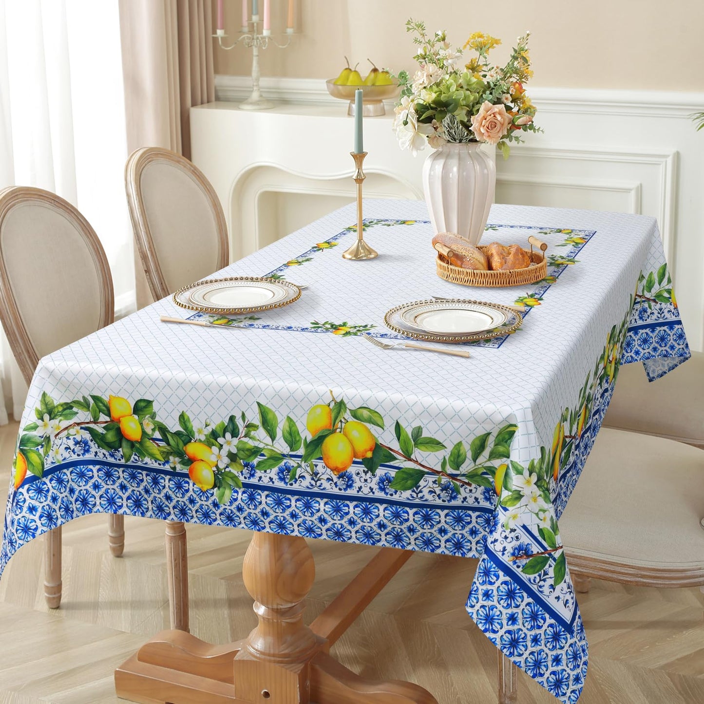 Arquiel Spring Summer Tablecloth 60×84 inch, Waterproof Blue Lemon Table Cloth Washable, Stain Resistant Cloth Table Cover for Party Picnic Dinner Decor (Lemon)