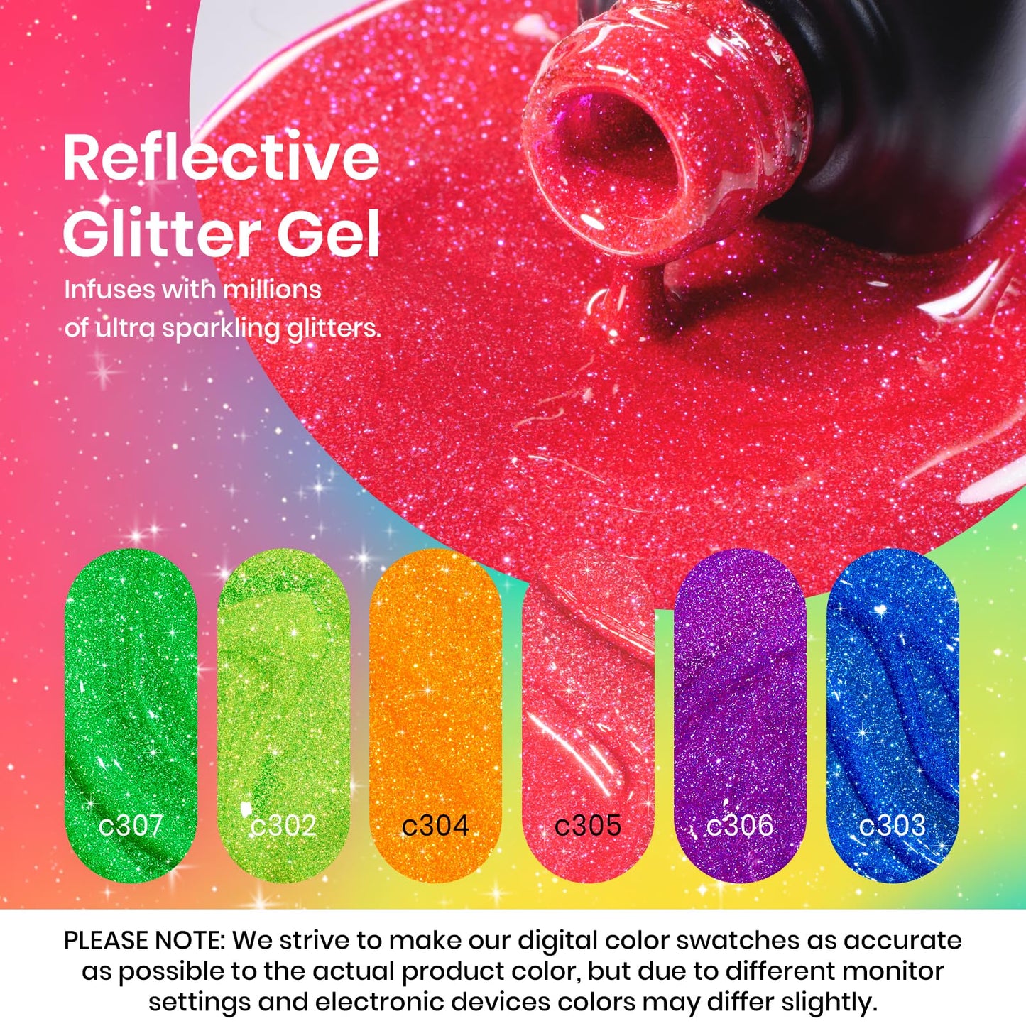 Beetles Glitter Gel Polish Set, 6 Colors Reflective Glitter Nail Polish Set Nails Gel Blue Hot Pink Purple Soak Off Uv Led Sparkly bright Colors Halloween Nail Polish Kit Gift for Women