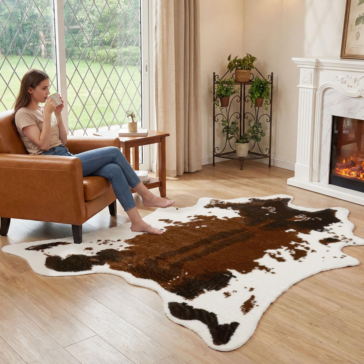 JONIYEAR Large Durable Faux Cowhide Area Rug 4.9 x 6.56 Feet, Premium Cow Print Rug for Living Room Bedroom, Durable Faux Fur Animal Cow Hide Carpet for Western Farmhouse Decor,Washable, Brown Cowhide