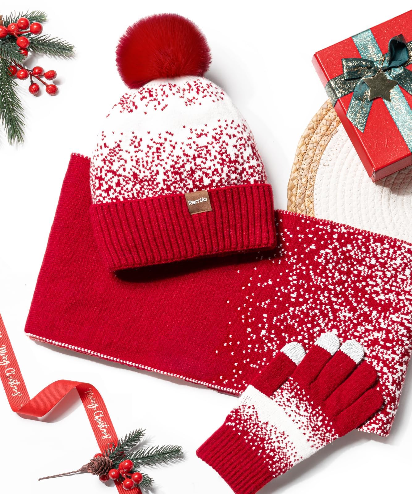 Winter Beanie Hat Scarf Gloves Set for Women, 3 PCS Warm Beanie with Pom Pom Long Knit Neck Scarf Touchscreen Gloves Fleece Lined Hat Winter Gifts for Cold Weather Birthday Christmas Gifts for Adult