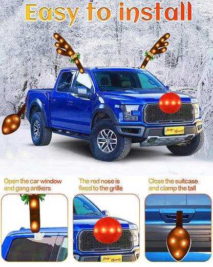 Christmas Reindeer Antlers Car Decoration Kit with LED Warm White Lights, Vehicle Christmas Car Kit with Jingle Bells Rudolph Reindeer and Nose, Tail for The Trunk