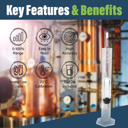 Alcohol Meter Spirit Meter 0-100% Measures Alcohol in Distilled Spirit Hydrometer 23cm Including 100ml Trial Sampling Jar