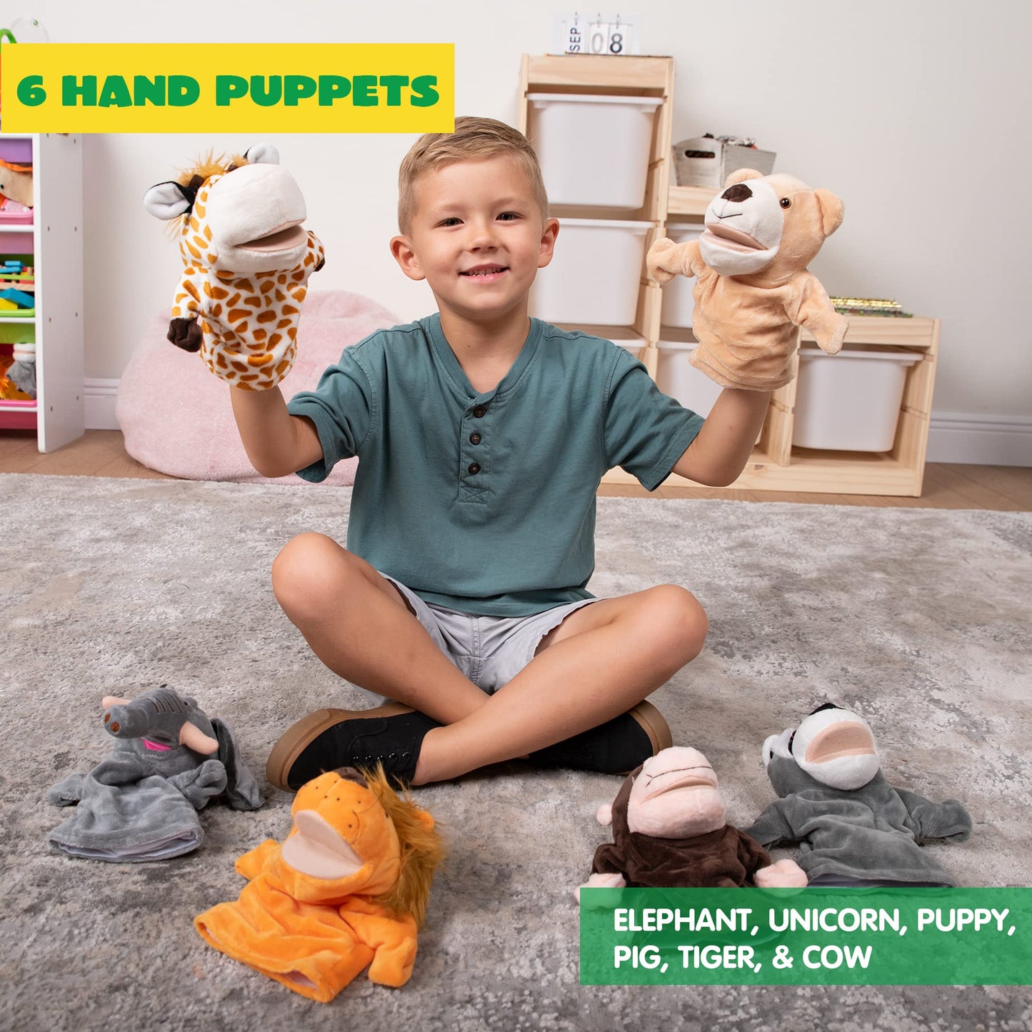 JOYIN 6Pcs Kids Hand Puppet Set with Working Mouth, Toddler Animal Plush Toy Includes Elephant, Giraffe, Lion, Bear, Raccoon and Monkey for Show Theater, Christmas Birthday Gifts for Kid Age 3+