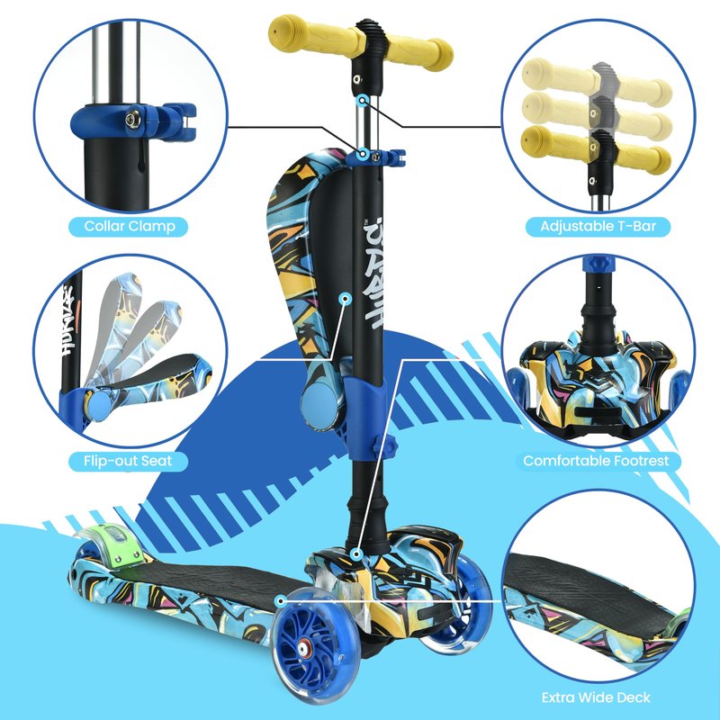 Hurtle ScootKid 3 Wheel Toddler Child Mini Ride On Toy Tricycle Scooter with Adjustable Handlebar, Foldable Seat, and Colorful LED Light Up Smooth Rolling Wheels, Graffiti