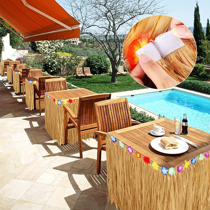 Aodaer 2 Pack Thickened Grass Table Skirt Natural with Hibiscus Flowers 400g Hawaiian Luau Tropical Party Decor Fringe Party Decoration for Costume Tiki Tropical Hawaii Moana Birthday, Straw Yellow