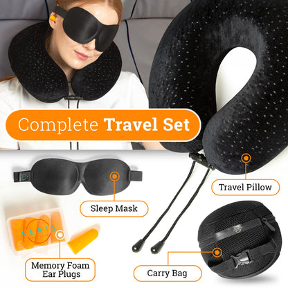 Aeris Memory Foam Travel Neck Pillow with Sleep Mask, Earplugs, Carry Bag, Adjustable Toggles and Velour Cover, Black