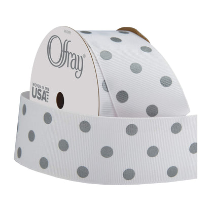 Offray 876600 1.5" Wide Grosgrain Ribbon, Metallic Silver and White Polka Dot, 3 Yards