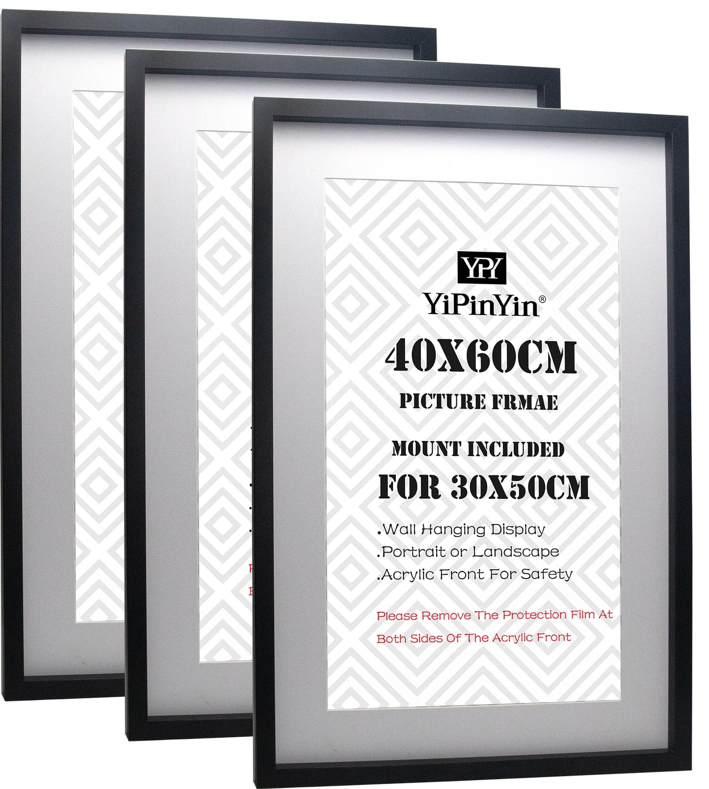Black 40x60cm(15.7''X23.6'') Boxed Picture Frames Set of 3 with Mounts for 30x50cm, 60x40cm poster frame with Acid Free mount for 30X50 photo (Black 3Pack)