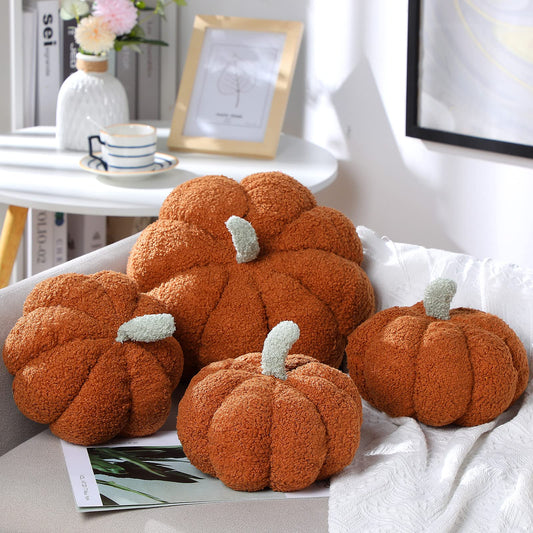 Kajaia 4 Pcs Pumpkin Throw Pillow Cushion 3D Thanksgiving Pumpkin Pillow Halloween Sherpa Fall Pumpkin Toy Fluffy Stuffed Pillow Kids' Plush Toy Pillow,11 Inches, 7 Inches (Brown)