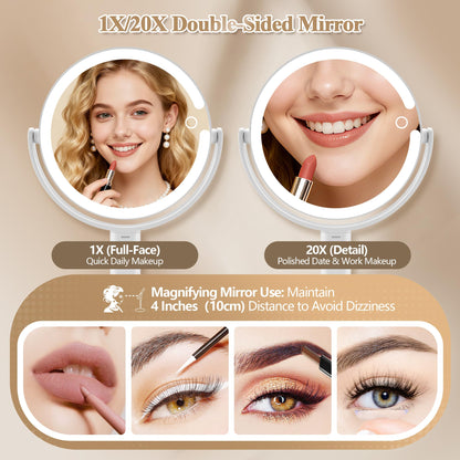 MOMOKUBA Makeup Mirror with Lights, Double Sided 1x/20x Magnifying Mirror with Light, Rechargeable 3 Color Lights and Adjustable Brightness, 360° Rotation Detachable Comes with Tweezer(White)