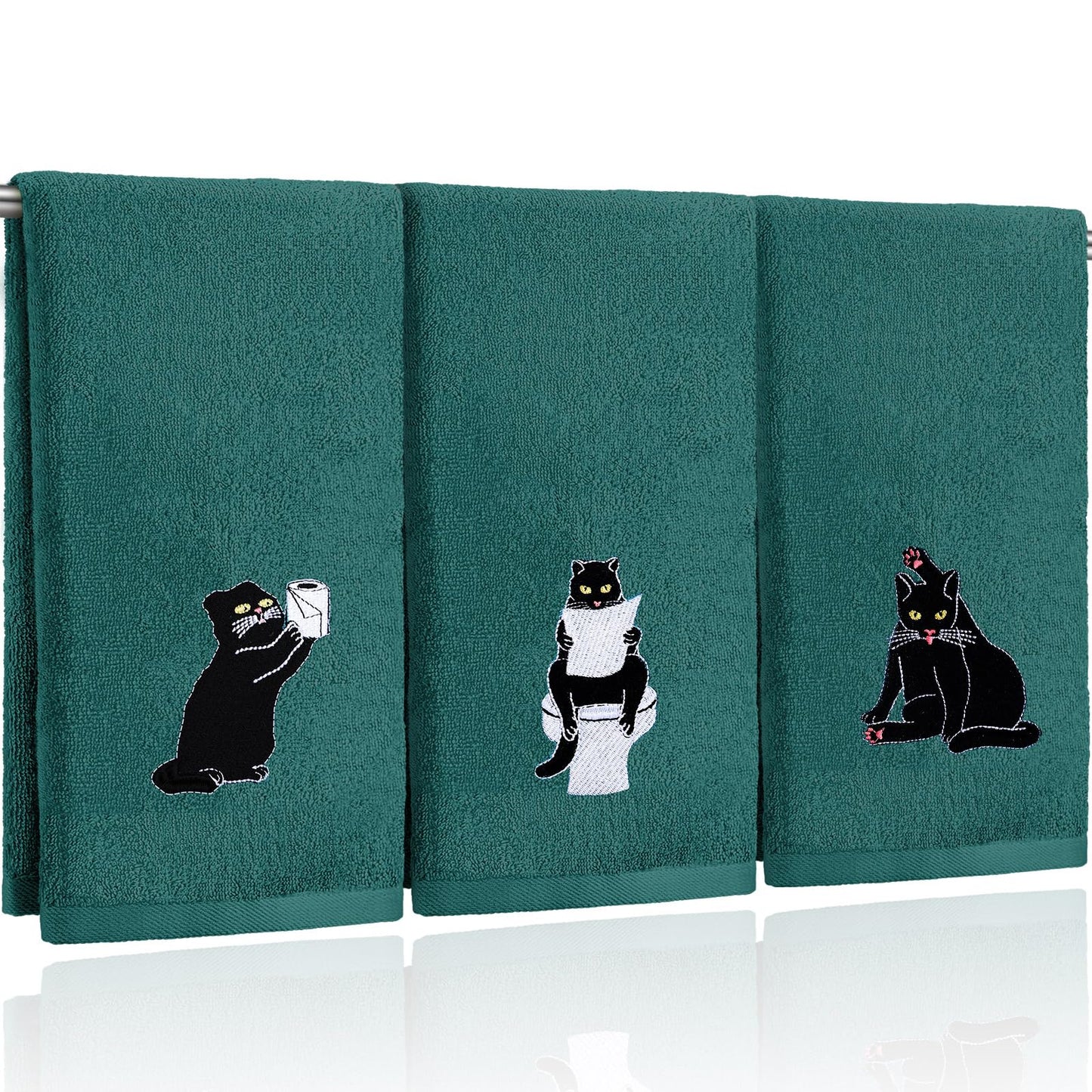 FuWeave 3 Pcs Cat Hand Towels for Bathroom Decor Funny Embroidered Black Cat Halloween Decorative Dark Green Bath Dish Towels for Bathroom Kitchen Decor, 100% Cotton, 13.3 x 29.5''