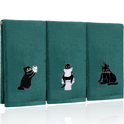 FuWeave 3 Pcs Cat Hand Towels for Bathroom Decor Funny Embroidered Black Cat Halloween Decorative Dark Green Bath Dish Towels for Bathroom Kitchen Decor, 100% Cotton, 13.3 x 29.5''