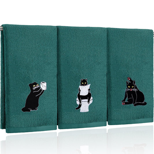 FuWeave 3 Pcs Cat Hand Towels for Bathroom Decor Funny Embroidered Black Cat Halloween Decorative Dark Green Bath Dish Towels for Bathroom Kitchen Decor, 100% Cotton, 13.3 x 29.5''