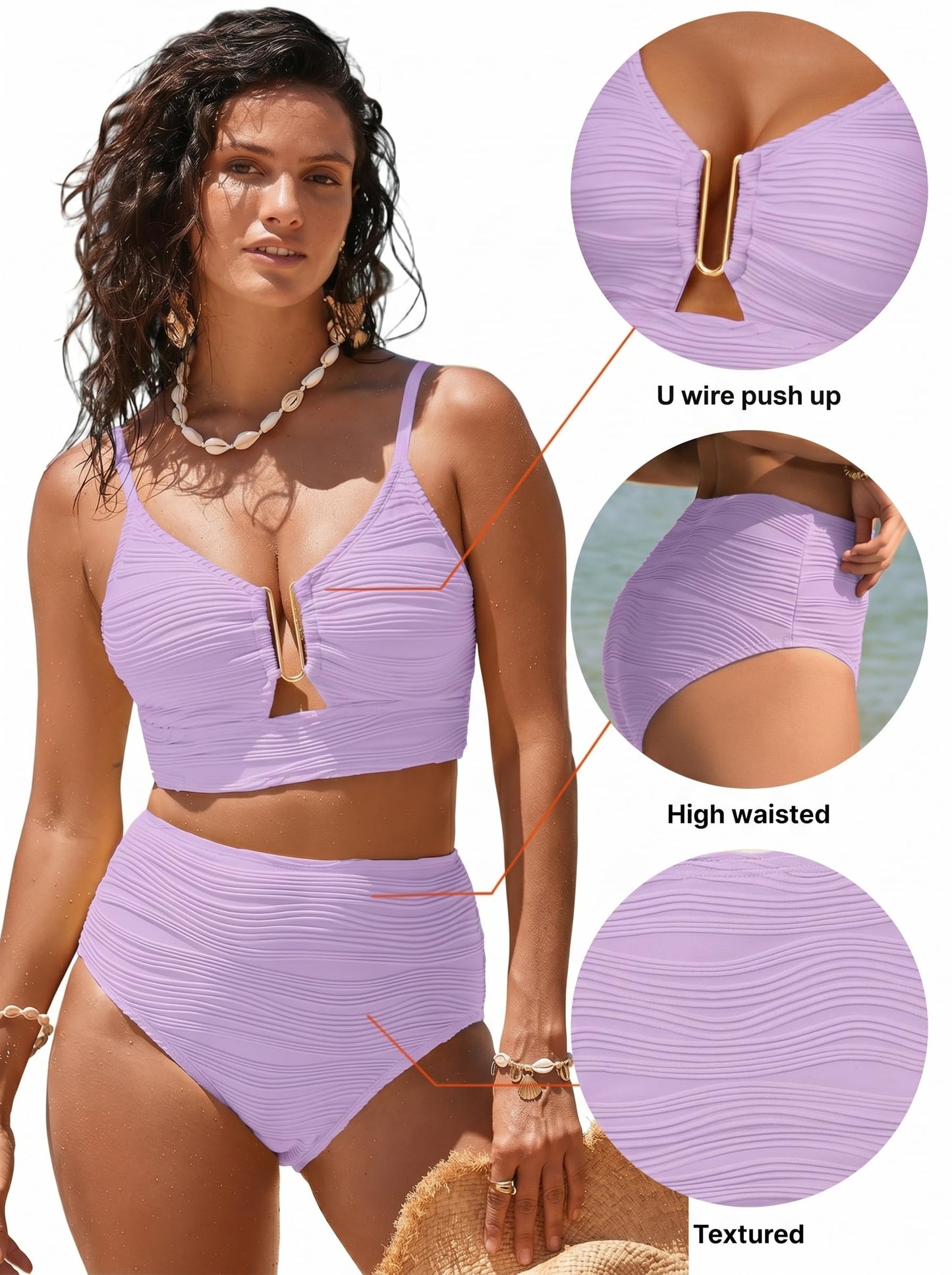 Herseas Womens Sexy U Wired Ruched Push Up Swimsuits 2 Piece Popular Bikini Tummy Control High Waisted Cutout Adjustable Straps Bathing Suits Light Purple Medium