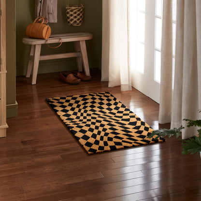 TOWN & COUNTRY TERRA Emmett Groovy Checkerboard Door Mat, Natural Coir, Heavyweight, Non-Slip Entryway Mat, Black, 24"x36"