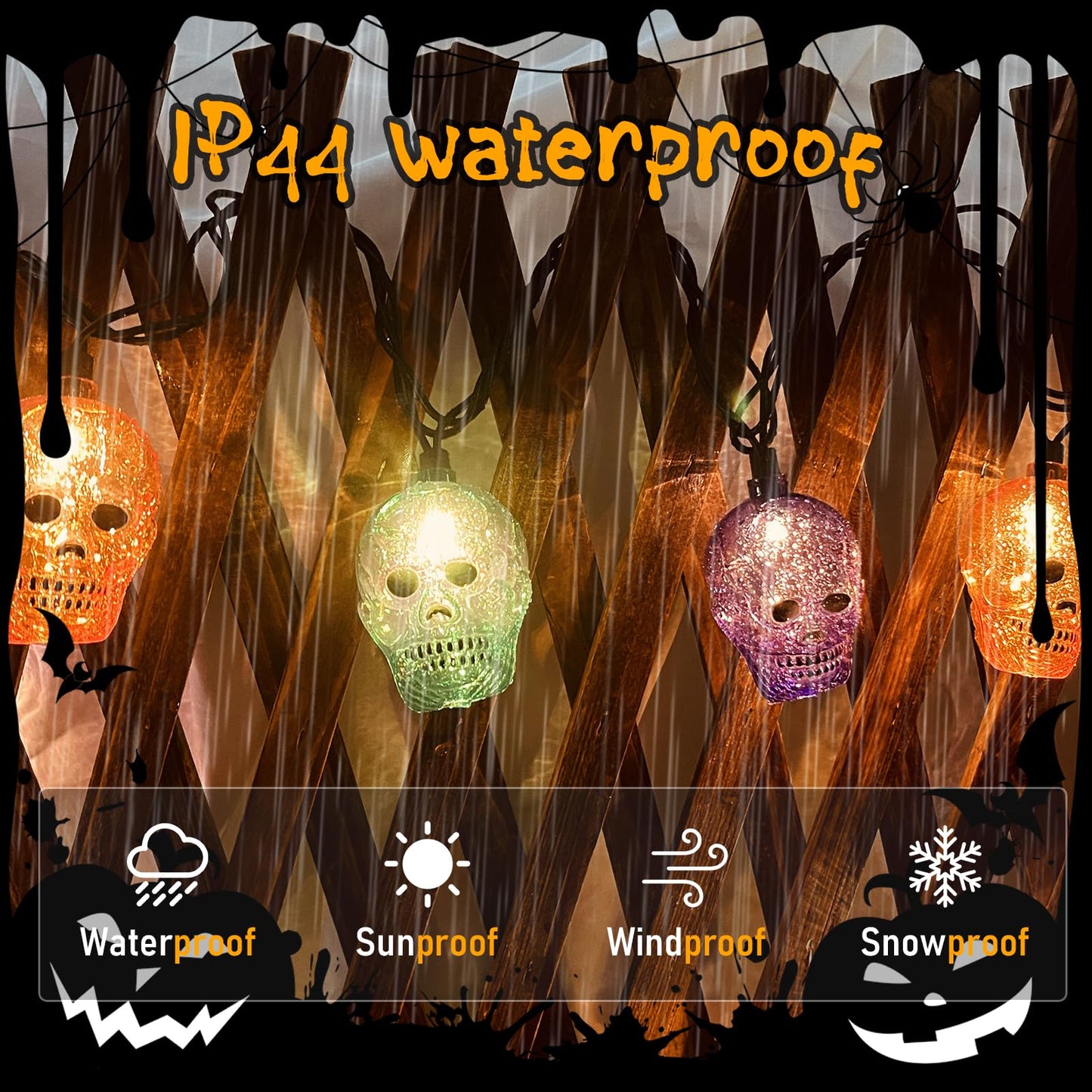 GOOTHY Halloween Skull String Lights 8.5Ft Outdoor Halloween Decorations Lights with 10 LED Orange Purple Green Skeleton Light, Plug in Skeleton Lights for Indoor Party Window Patio Bedroom Decor