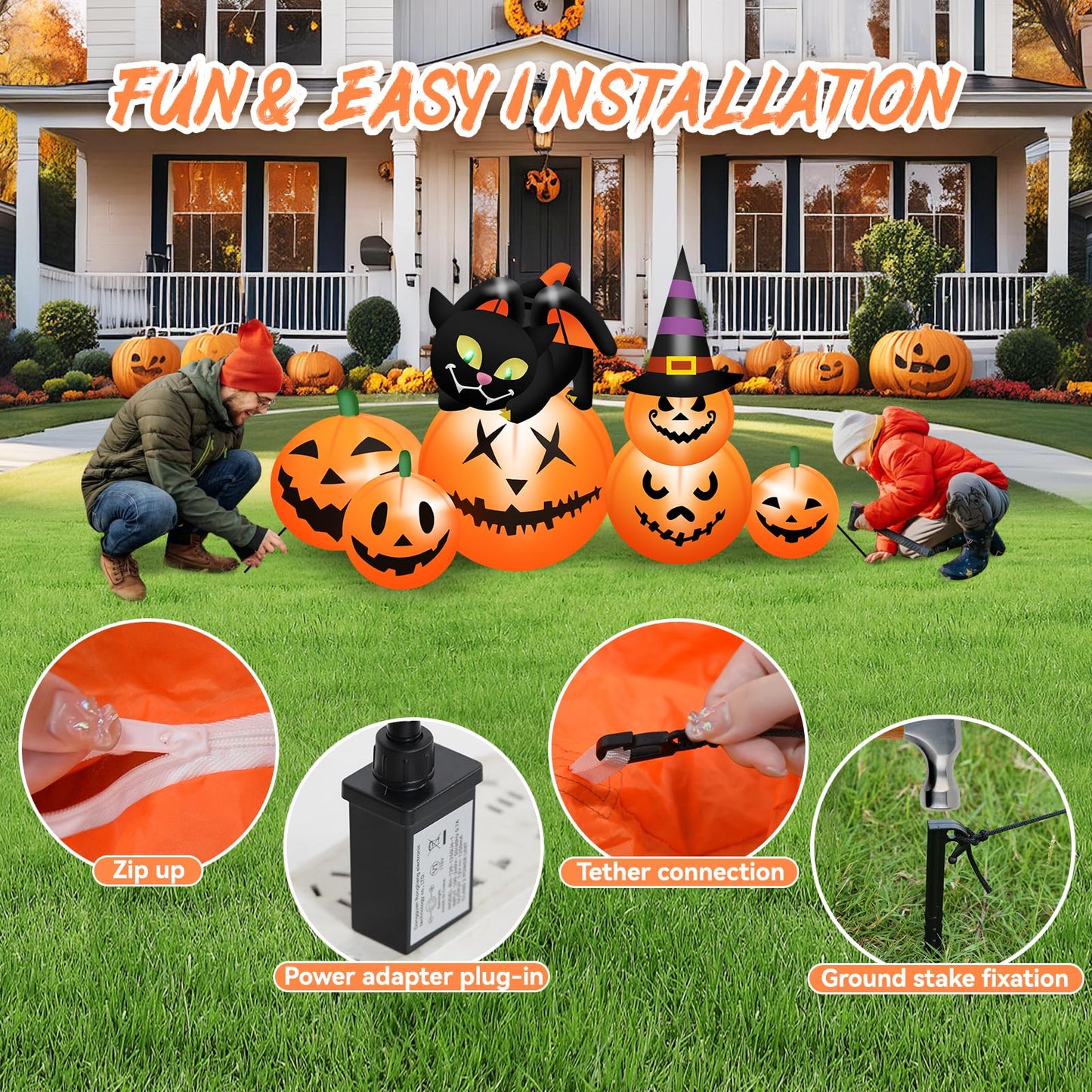 5.8 FT Long Halloween Inflatables Pumpkin Outdoor Decorations Blow Up Inflatables Pumpkin Patch with Black Cat & Witch Hat Build-in LEDs Outdoor Blow Up Yard Decorations for Holiday Party Lawn Garden