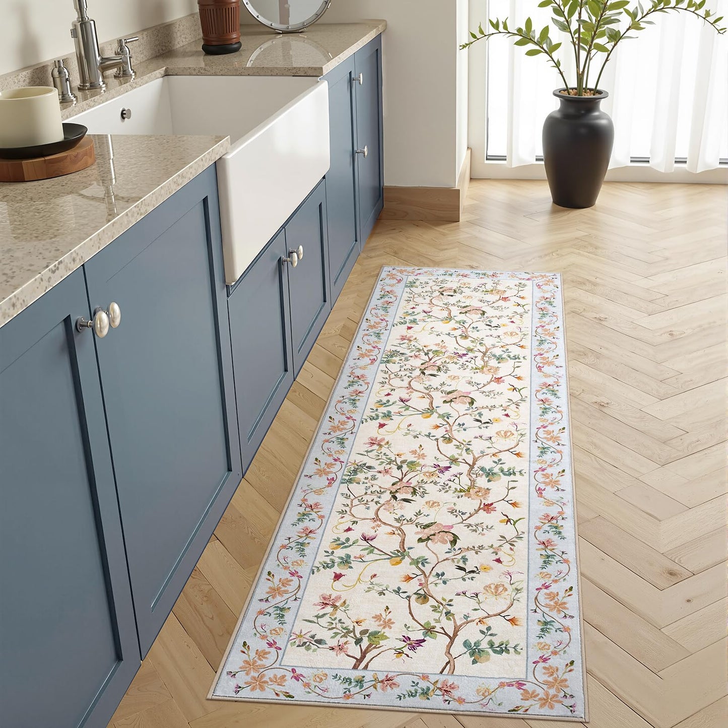 jinchan Floraison Hallway Runner 2x6 Multi Floral Soft Machine Washable Rug Non Slip Low Pile Boho Stain Resistant Botanical Rugs for Bedroom Kitchen Floor Living Room Beige/Blue