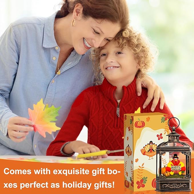 Fall Snow Globe Lantern - Thanksgiving Glittering Lighted Water Lantern, Fall Decorations Autumn Harvest Day Gifts, Table Home Fall Xmas Decor (Turkey & Pumpkins)