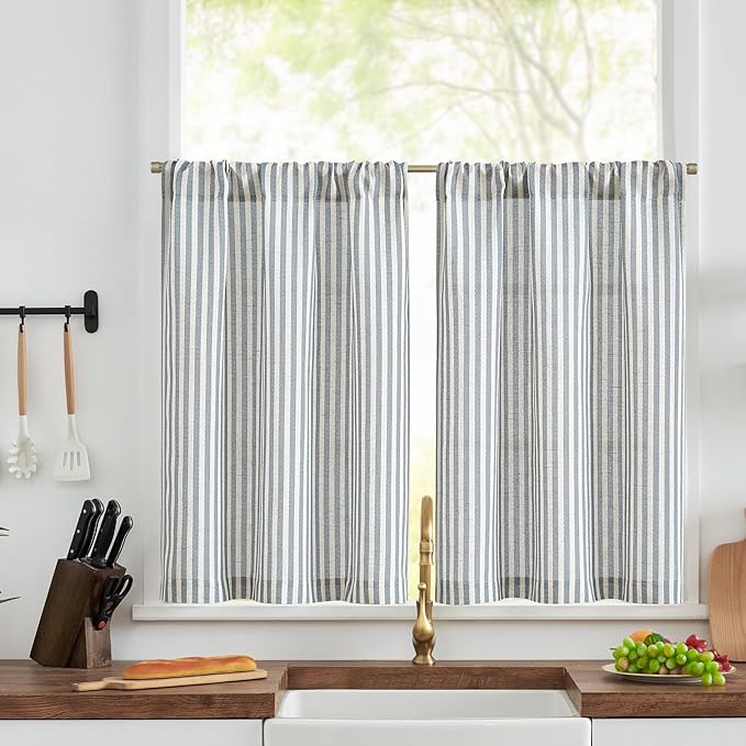 jinchan Striped Linen Kitchen Curtains 30 Inches Length Tier Curtains Farmhouse Modern Cafe Style Small Window Treatments Airy Light Filtering Rod Pocket for Living Room Bathroom 2 Panels Blue