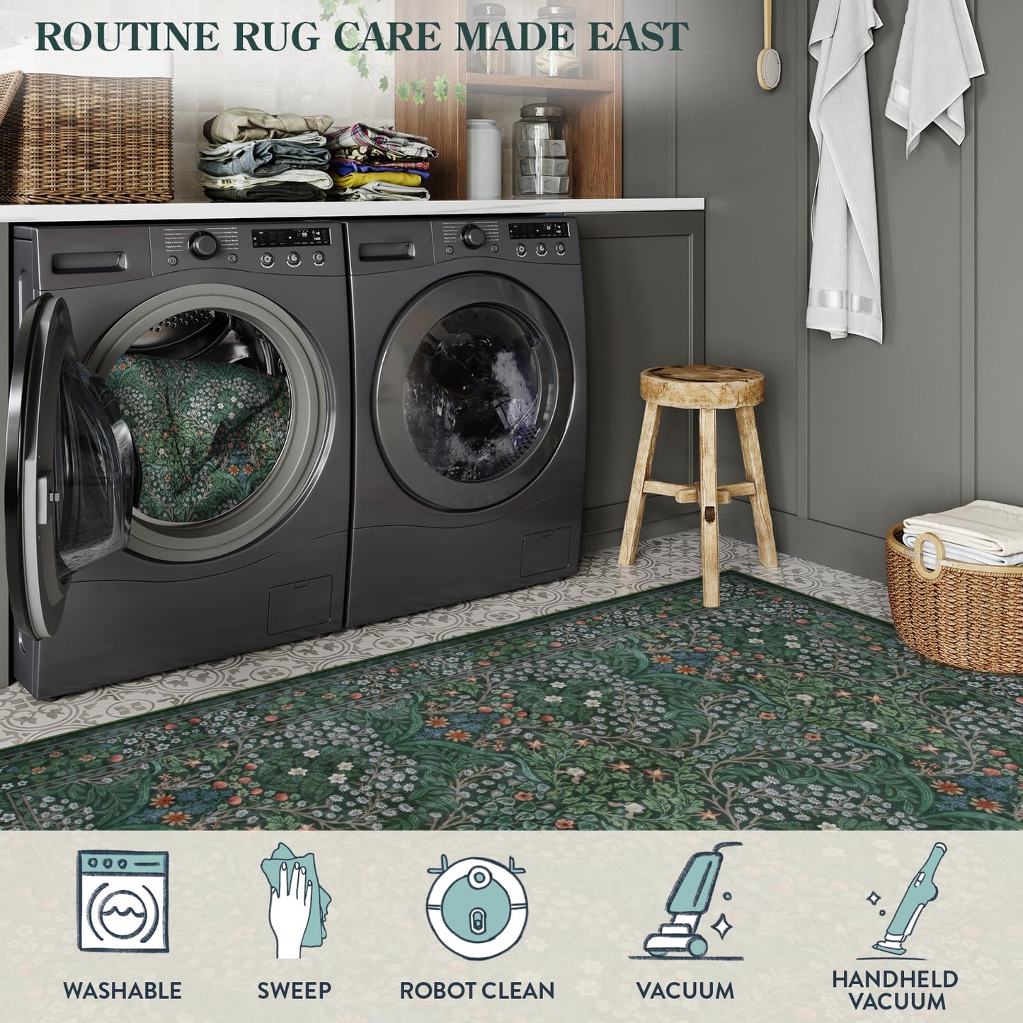 Lahome Dark Green Bedroom Rugs 5x7, Soft Washable Rugs for Dining Room, Boho Non Slip Low Pile Forest Stain Resistance Floral Carpet for Living Room Office Giverny, Dark Green