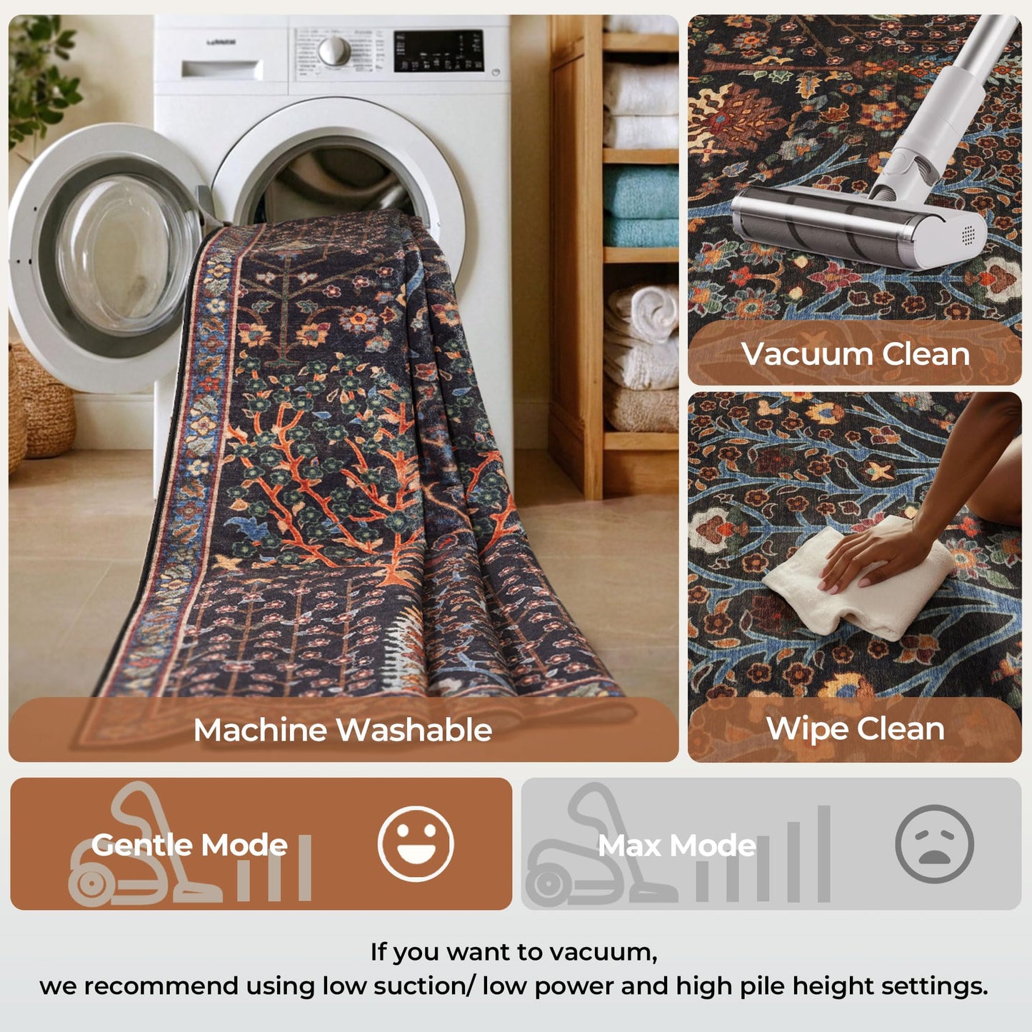 Kokia 8x10 Boho Black Botanical Floral Washable Rug, Oriental Soft Non-Slip Decoration Rugs for Living Room, Farmhouse Bedroom, Kids Playroom, Office