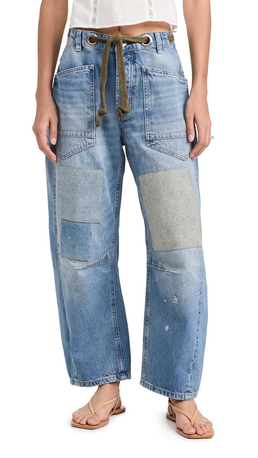 Free People Women's Moxie Pull-On Barrel Jeans, Truest Blue, 27